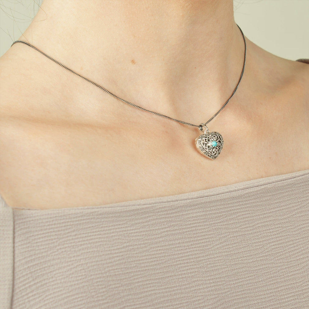 214N688402925 Art Nouveau Style Round Turquoise & Marcasite Heart Necklace in 925 Sterling Silver 2