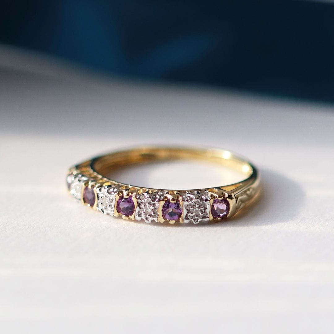 181R0853289 Classic Round Amethyst & Diamond Half Eternity Ring in 9ct Yellow Gold 2